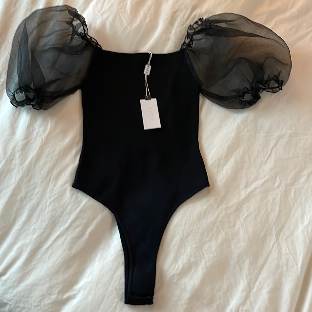 Astr Tops | Astr The Label Darling Sheer Puff-Sleeve Body Suit | Color: Black